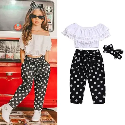 La ropa de los niños del verano nuevo traje de niña niños top de top polka dot pantalones traje de ropa para niños niño niño