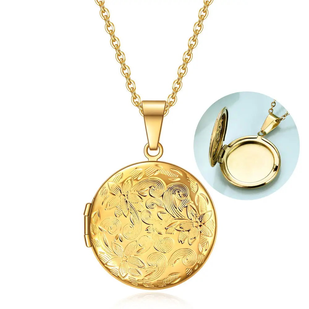 Gold Stainless Steel Photo Necklace Wholesale Engraved Flower Texture Heart Shape Photo Locket Pendant Necklaces