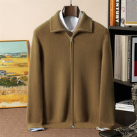 Cardigan zippé intégral en cachemire 100 % pour homme, col à revers, tricot côtelé vertical épais, style décontracté et professionnel, vente en gros