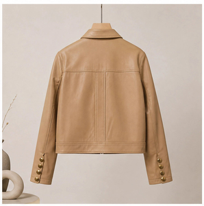 <span class=keywords><strong>Veste</strong></span> en <span class=keywords><strong>cuir</strong></span> de mouton lisse couleur kaki clair pour femme, style chemise, avec double poche à rabat et boutons-pression, coupe courte, vintage, pour le quotidien - Product Image 3