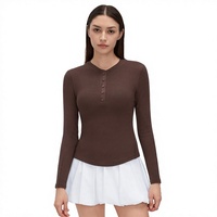 Atasan Olahraga Wanita Kerah Henley 2026, Kemeja Kasual untuk Workout, Kancing Depan, Bahan Modal Nyaman, Lengan Panjang, Blus Yoga dan Olahraga