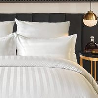 Otel Yorgan Kılıfı Çift Kişilik Pamuklu Beyaz Saten Çizgili 3 Parça Set Damask Çizgili Gizli Fermuarlı Köşe Bağcıklı Yorgan Kılıfı