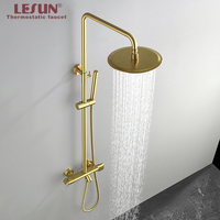En promotion : Ensemble de douche thermostatique LESUN avec barre coulissante à trois poignées, laiton poli doré, système de douche, garantie 5 ans