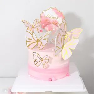 New Cake Decoration Cake Topper Happy Birthday Paper Pink Theme Butterfly Cake Topper Set