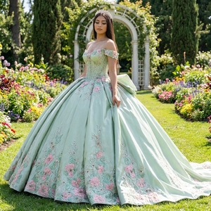 ชุดเดรสงาน Quinceanera สีเขียวเซจหรูหรา รุ่น Dy8568 ประดับลูกปัดที่ไหล่ คอร์เซ็ทสีชมพู แต่งดอกไม้สีชมพู ผ้าชีฟองทรงบอลกาวน์ โบว์ใหญ่สีธรรมชาติ - Product Image 1