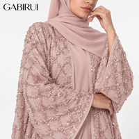 Ensemble 2 pièces pour femmes musulmanes : Kimono de luxe à sequins et pompons, Abaya Dubaï, Robe intérieure en satin, Abaya florale longue avec perles.