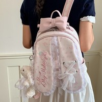 Sac à dos coréen à pois avec oreilles de lapin et fermeture éclair, en polyester, dentelle florale, grande capacité, mignon, pour femme