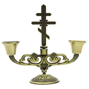 Dini antik bronz renk kaplama mumluk BZR21558-1 ortodoks çapraz şamdan kilise veya masa