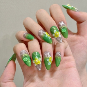 Uñas Postizas Acrílicas de Alta Calidad Hechas a Mano con Diseño de Flores en 3D y Ondas de <span class=keywords><strong>Agua</strong></span> Verdes - Product Image 3