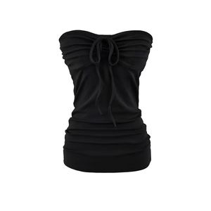 <b>Women</b> Vintage Breathable Eco-Friendly Knitted Tank <b>Top</b> Casual Short Length Plain Color Ruched <b>Mesh</b> Hardware Front Logo Placement - Product Image 4