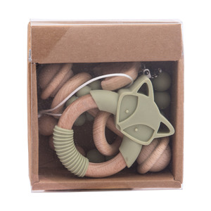 Bague pendentif en forme de renard, hochet mignon, en bois de qualité alimentaire pour bébé, colle, ensemble de trois pièces - Product Image 1