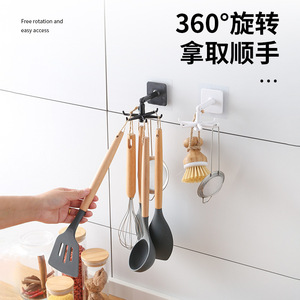 Rotating <b>Hook</b> Kitchen <b>Wall</b> Storage Rack Suction Cup Mount Adjustable Minimalist Design For Utensils And Pan Storage - Product Image 3
