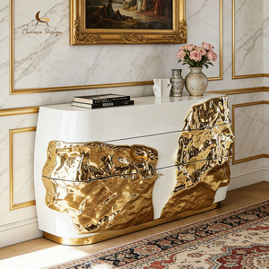 Customizable French Luxury Style White & <b>Gold</b> Artistic Living Room Cabinet Irregular Gilded Texture <b>Console</b> <b>Table</b> - Product Image 4