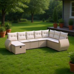 Conjunto de Sofá de Jardín de Ratán Sintético Beige, 6 Plazas, Resistente a la Intemperie, Muebles de Exterior de Diseño Contemporáneo - Product Image 2