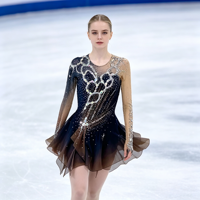 Robe de patinage artistique noire et marron avec strass, manches longues en maille, dos en V profond, costume pour adultes et enfants, compétition, performance