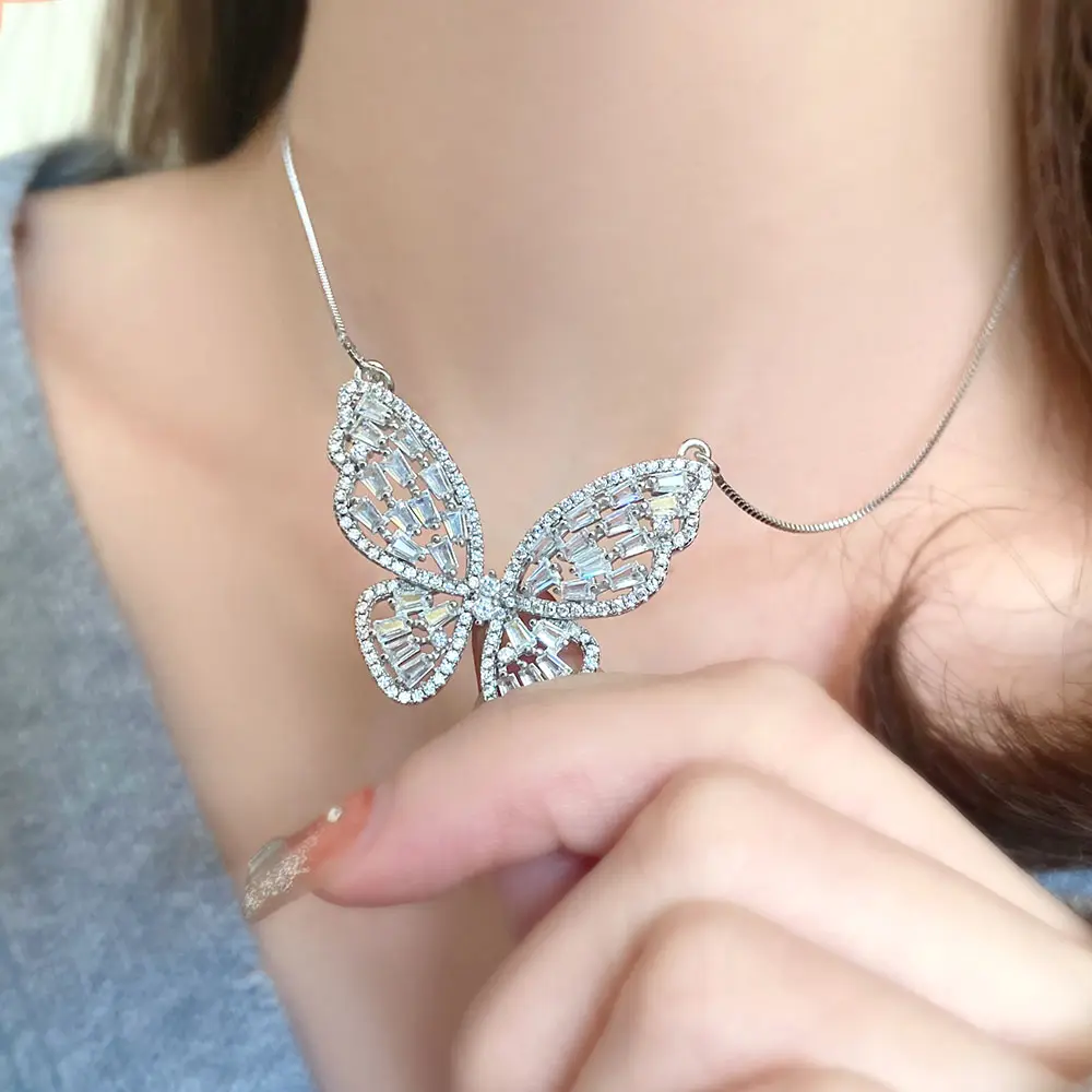 Butterfly design jewellery square cut fashionable zircon 925 sterling silver chain necklaces customized girl pendant necklace