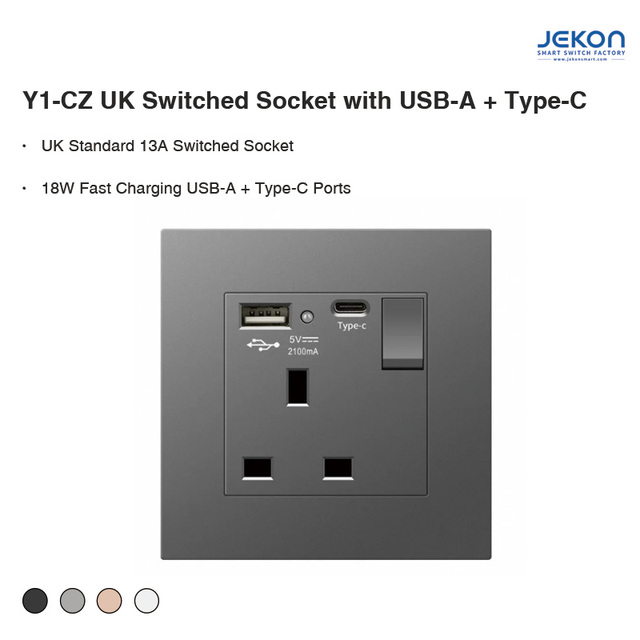 13A UK Standard Wall Socket With Single Switch USB Type C Simultaneously Charge Mobile Tablet Laptop Devices