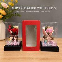 Mini boîte carrée transparente en acrylique avec figurine de rose et lumière LED, coffret cadeau pour la Saint-Valentin pour couple, mariage