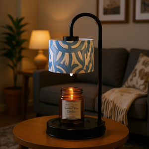 Electric <b>Candle</b> Warmer Blue White Linen Shade Metal Base Adjustable Brightness Tabletop Scented <b>Wax</b> <b>Candles</b> Home Decor - Product Image 2