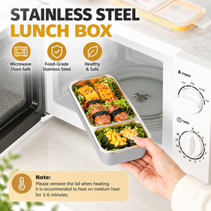 Boîte à lunch bento en acier inoxydable 304, 2 compartiments, étanche, passe au lave-vaisselle, grande capacité de stockage pour le travail, le bureau, utilisable au micro-ondes - Product Image 4