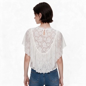 <b>White</b> <b>Lace</b> Layered Women T Shirt Short Sleeve Knitted <b>Top</b> Floral Sheer Peplum Tee Summer Wear - Product Image 4
