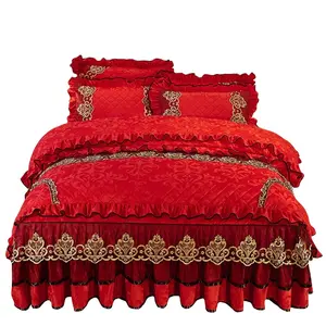 Rood fluweel gewatteerde katoen bruiloft beddengoed set, Amerikaanse stijl, winter, 4 stuks