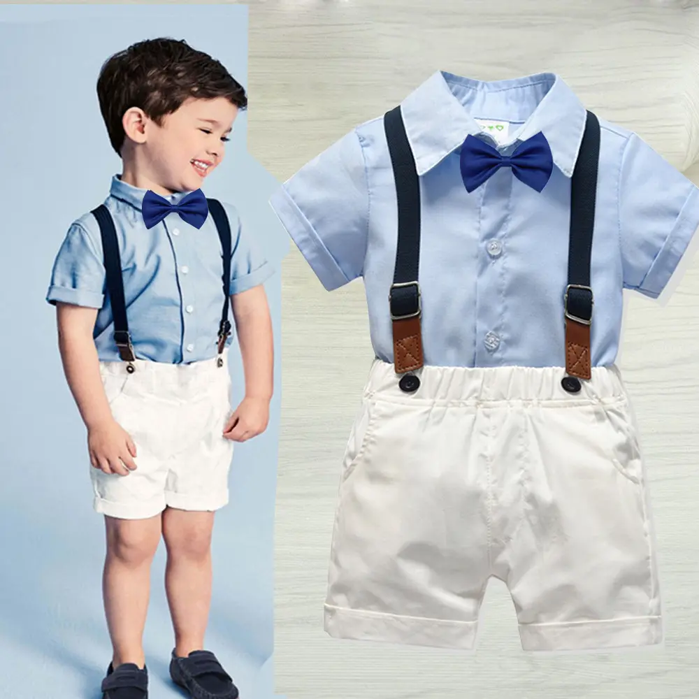 Toptan butik çocuklar kısa kollu gömlek + dokuma pantolon yaz jartiyer bebek Boys Set 20A0103