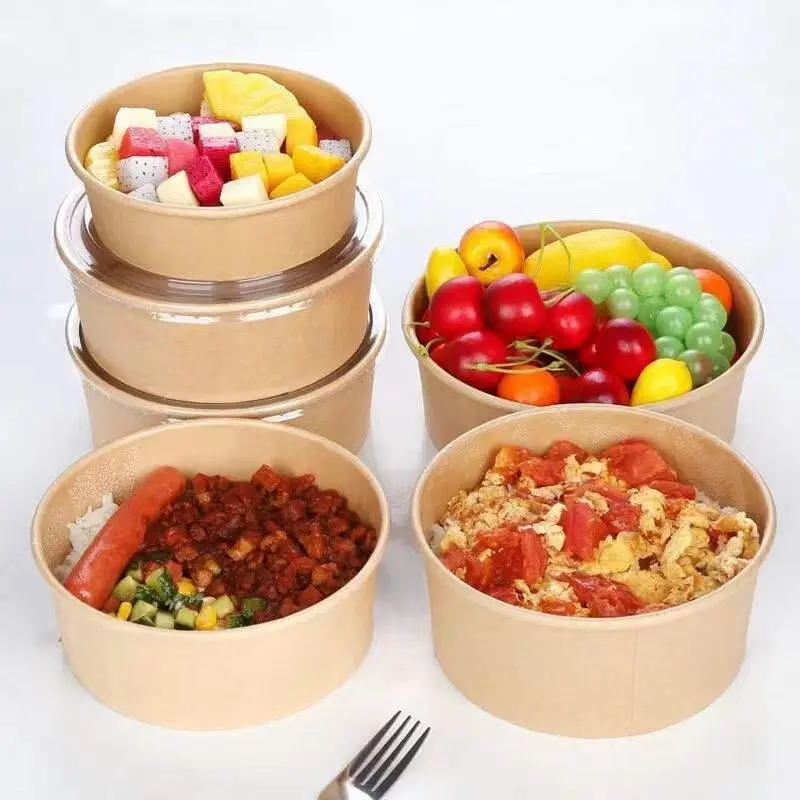 custom kraft paper soup cup bowl with lid disposable take away dessert rice salad noodle packing box container on sale