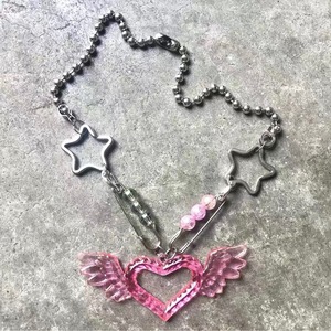 Collier Cœur Aile en Acrylique avec Breloques Étoiles, Chaîne Perlée Rose, Bijou Tendance Personnalisé - Product Image 1