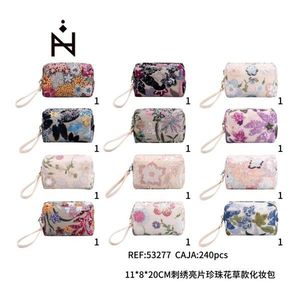 Pochette de maquillage florale brodée de perles et de paillettes 11x8x20cm pour femmes, pochette de rangement cosmétique - Product Image 1