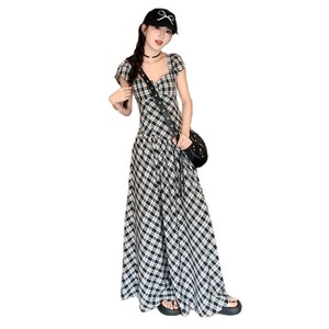 Women's Plaid Dress V-<b>Neck</b> Empire Waist Wrap And <b>Tie</b> Breathable Summer 2025 Long Sleeveless Maxi Dress - Product Image 5