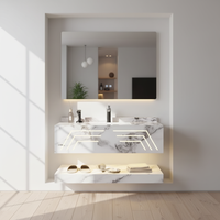 Meuble de salle de bain mural moderne double couche en ardoise, résistant à l'eau, avec miroir LED et vasque en céramique intégrée