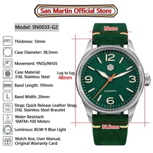 Reloj de Piloto Retro para Hombre San Martin SN0033-G2, Nuevo, 38.5mm, Diseño Original, Bisel con Moneda Tallada, Movimiento Automático Mecánico YN55 NH35, Cristal de Zafiro - Product Image 4