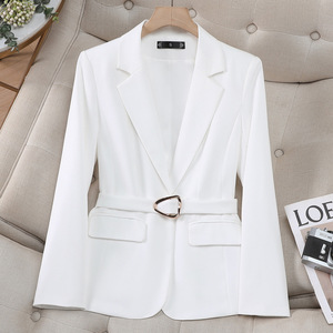 White Women's Blazer With Belt Solid Color Slim Fit For Office Wear - Product Image 1