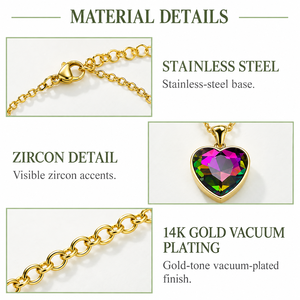 Collier avec pendentif cœur multicolore en zircon en acier inoxydable avec placage sous vide en or 14 carats, chaîne de 40+9,5 cm - Product Image 3