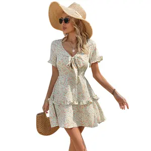 PRETTY STEPS Spring and summer casual trumpet sleeve bowknot floral swing dress women's clothing