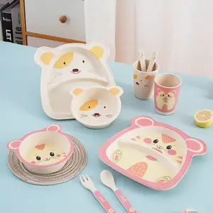 Cartoon Animal Food Safe 5pcs Kids Tableware Set Bamboo Fiber Plate Bamboo Baby Children's Divided Plate Bowl Cup Spoon Fork set