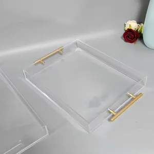 Custom Clear Marble Grain Acrylic Serving Trays With Pattern Printing Luxury Nordic Rectangle Plastic Tray With Gold Handle