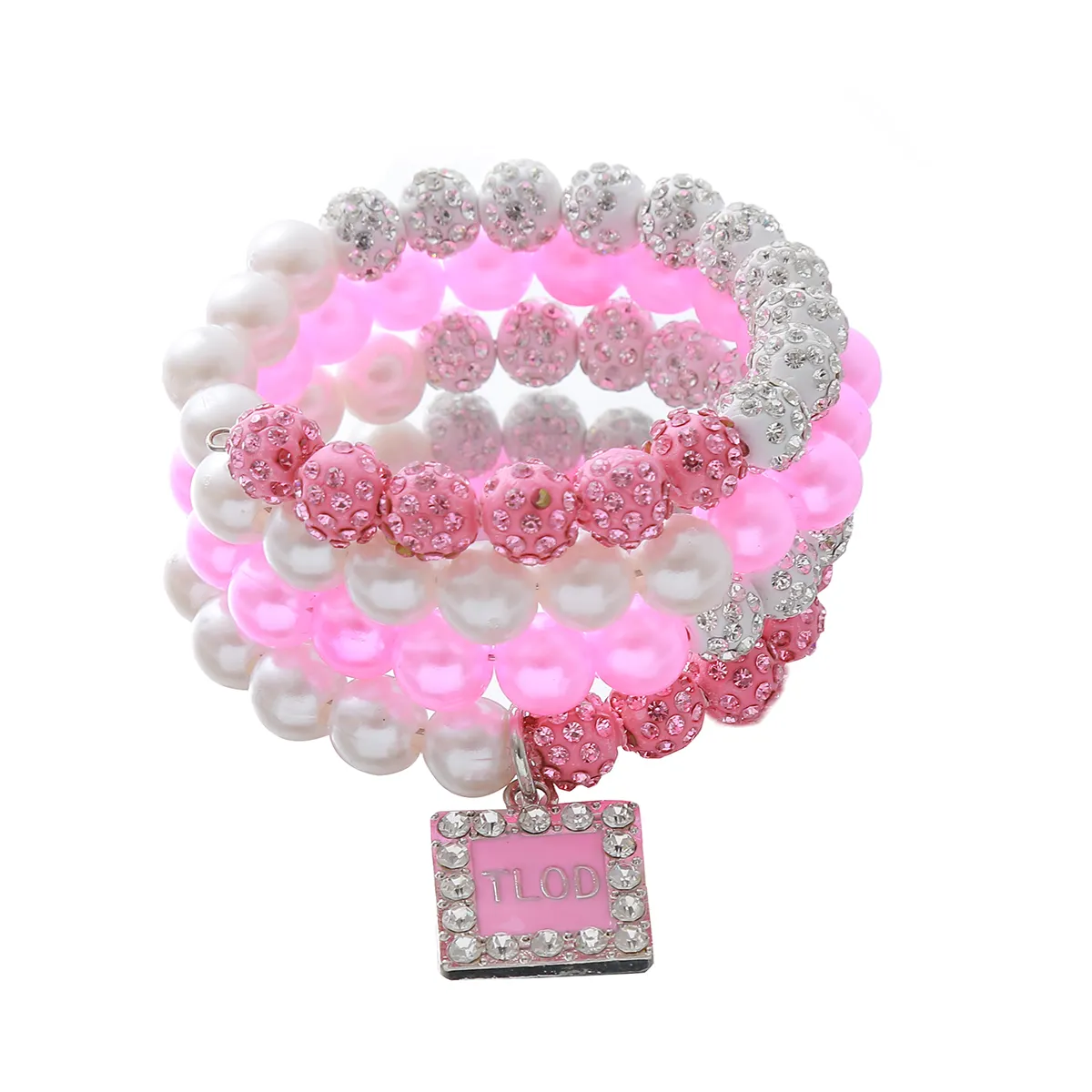 Bracciale impilabile a strati con perline rosa e bianco con perline di distinzione