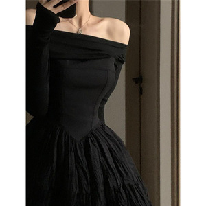 Off The Shoulder Black Dress Women Autumn Winter 2025 French Style Elegant Bodycon Short Skirt Solid Color Natural Waistline - Product Image 1