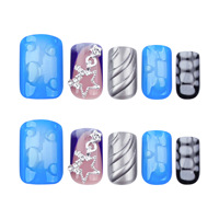 Lot de 24 faux ongles courts à presser en PMMA bleu, personnalisables, avec motifs papillon et écaille de tortue, vente en gros