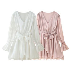 SHENZHU Ropa de Mujer Otoño 2025, Nuevo Vestido de <span class=keywords><strong>Moda</strong></span> con Lazo en la Cintura, Vestido Mini Femenino Retro con Cuello en V y Manga Larga - Product Image 1