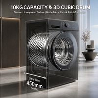 Lave-linge/sécheuse tout-en-un avec moteur BLDC 10 kg, boîtier en acier inoxydable, classe énergétique A, lavage rapide en 15 min, tambour cubique 3D