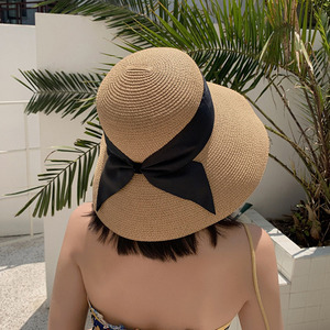 <span class=keywords><strong>Sombrero</strong></span> de paja con lazo para mujer y niña, gorro de paja con lazo de ala ancha para playa y sol, gorra de Panamá plegable - Product Image 6