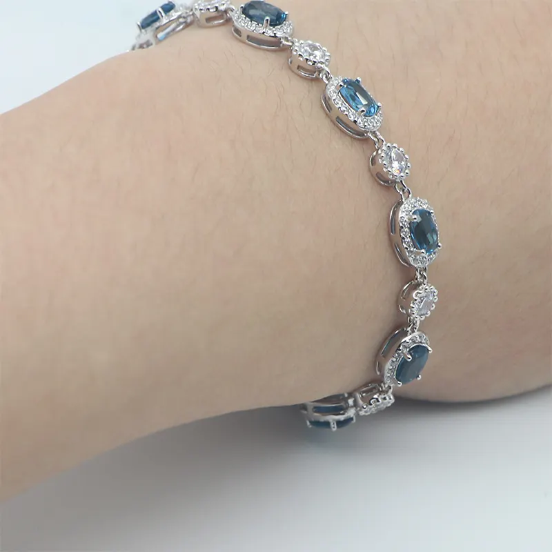 Luxury Minimalist Blue Gemstone Bracelets 925 Silver Jewelry Natural Topaz Blue Crystal Bracelets for women