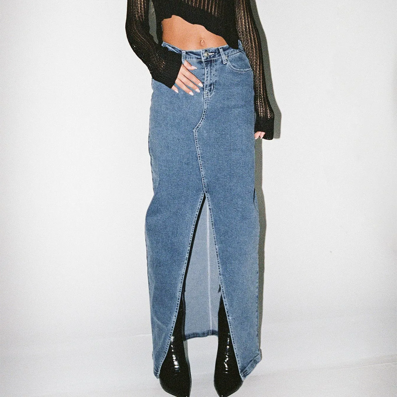 wholesale plus size summer distressed midi girls y2k asymmetrical long denim cargo jeans maxi skirt with slit for women ladies