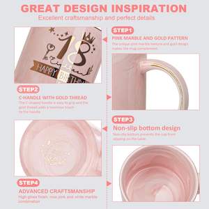 Set Regalo Tazza da Caffè in Ceramica Biching per 18° Compleanno Ragazze - 14OZ Rosa, Lavabile in Lavastoviglie, Adatto al Microonde, Include Coperchio, Buon 18° Compleanno - Product Image 3