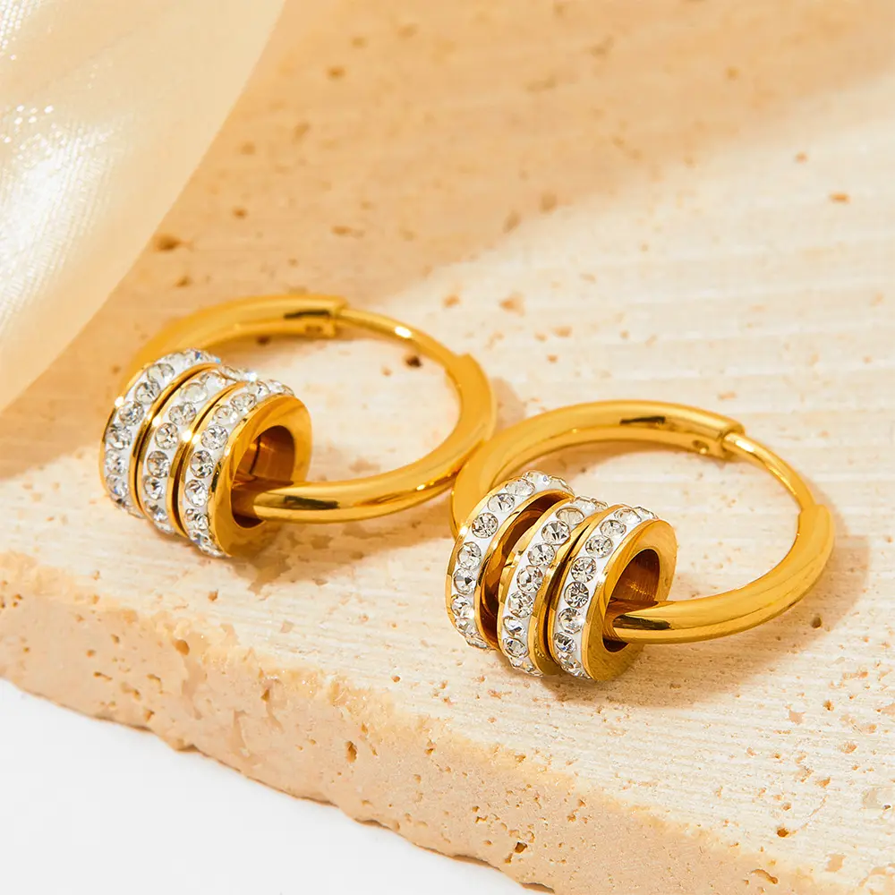 High Polished Stainless Steel Gold Plated 3 Ring Close Set Cubic Zirconia Earrings Hypoallergenic Small Hoops Earrings Women Men