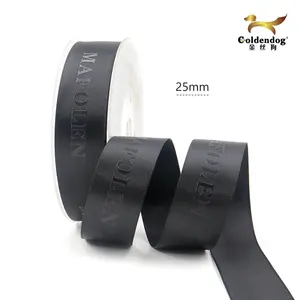 Satin Ribbon Manufacturers Customized Personalized 3D Embossed Black Branded Black Single Face Satin Ribbon With Company Logo Printed