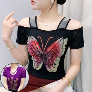 Phụ Nữ Bướm Rose Rhinestone Sexy Tắt Vai Sáng Bóng Sequined Quần Áo TEE Tops Hộp Đêm Ngắn Tay Áo Áo Sơ Mi Đảng T-Shirt - Product Image 1